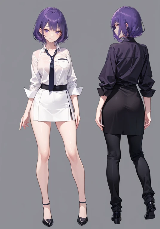 Purple Hair,Shortcuts,Adult female,bartender,((A shirt with the sleeves rolled up)),tie,slit,,((Simple Background)),smile,((full body)),((Full Body)),Character portrait,((upright)),Both arms are lowered,