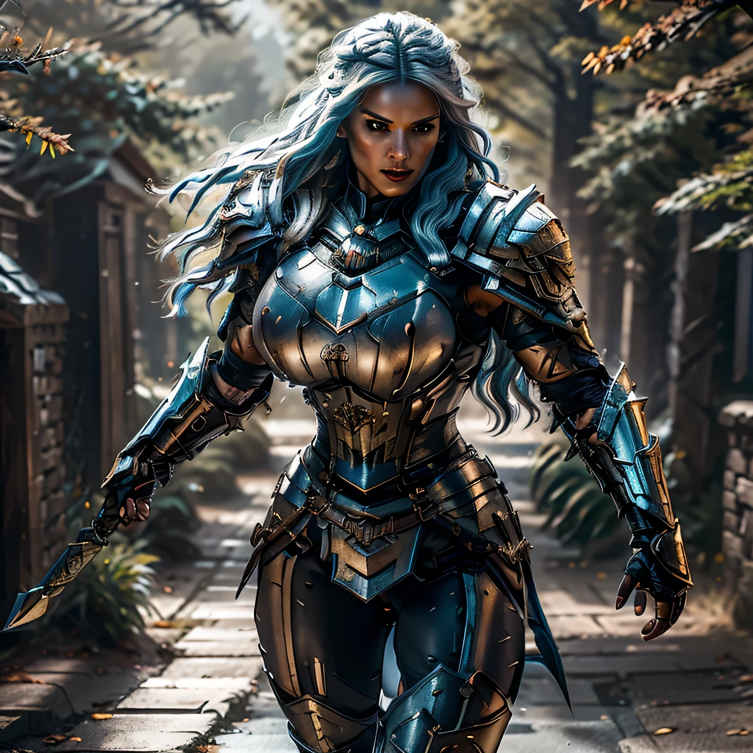 8K,asgard female warrior with very big breasts,Super beautiful(like the real thing),black very large chest armor,realistic skin,luxury black pants,Has a large, long black spear,sexy,muscular slim body,ripped abs,black shoulder armor,black waist armor,black leg armor,desert, rich colors, Backlight, cinematic lighting, film grain, RAW, 50mm lens,nikon D850,ultra high resolution,Super realistic,goddess,battle scene,action scene,action pose,shine a light on the face, long wavy blue hair, the Witcher, the Witcher armor, yennefer, running in the forest