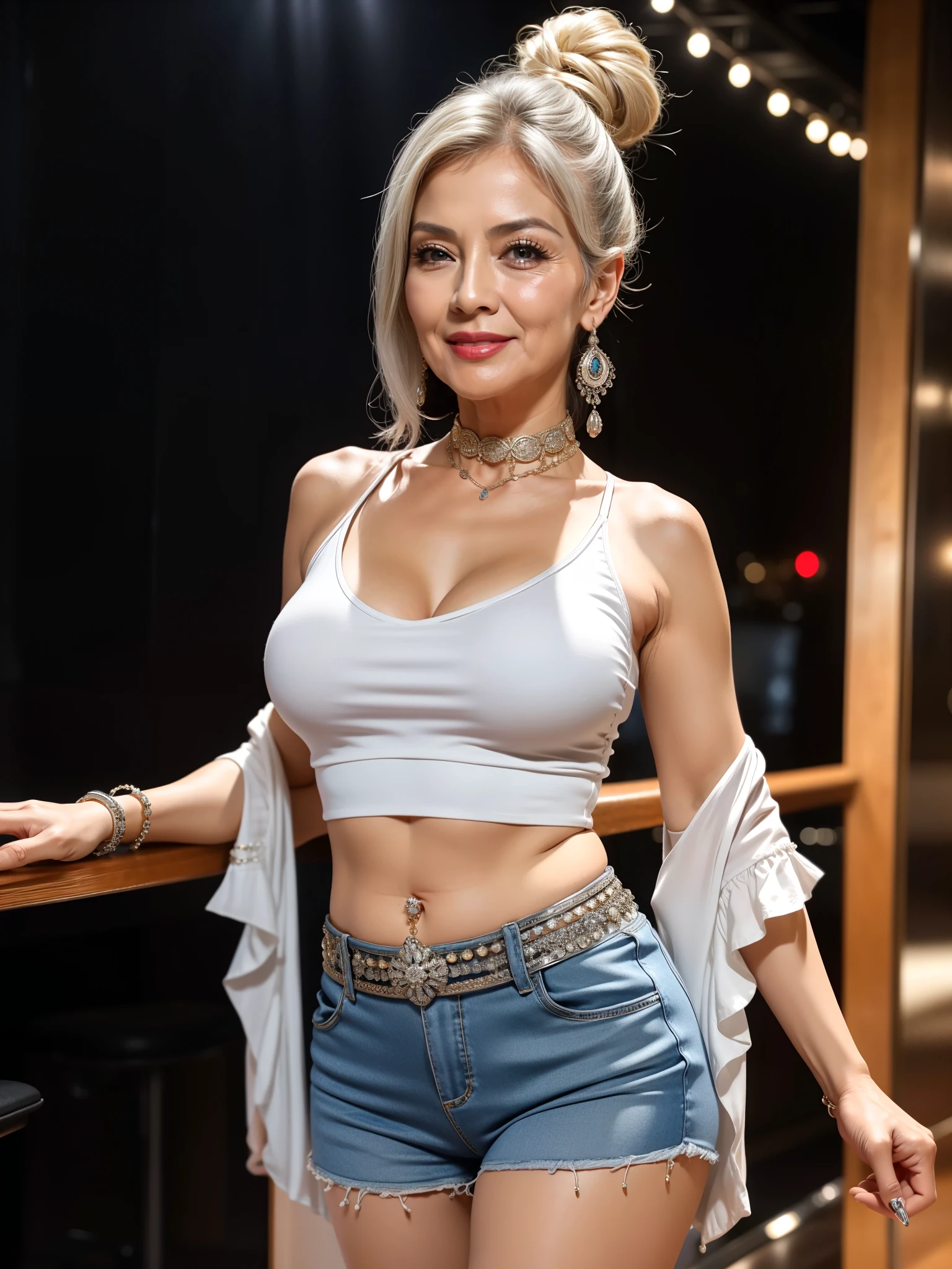 75 years old Mom MILF Korean, Lady large earring Big choker navel piercing decoration A bracelet Silver Hair realisitic Gorgeous Madame Beautiful Mature Woman sexy Smile Gentle woman navel piercing 4K High quality leather pants tourist airport crowd Yoga Wear leggings