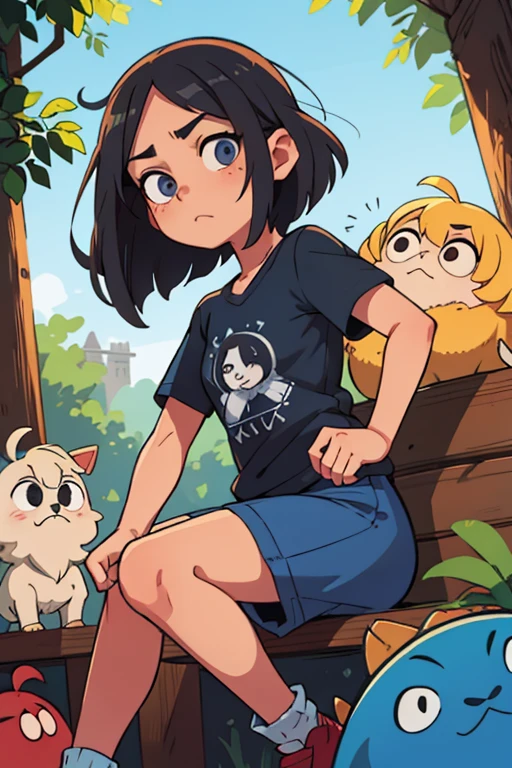 chica, piel azul, By the chestnut, pelo medio, ojos grises, camiseta negra