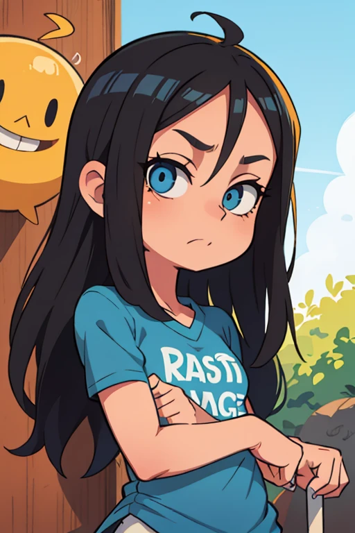  chica, piel azul, By the chestnut, pelo medio, ojos grises, camiseta negra 