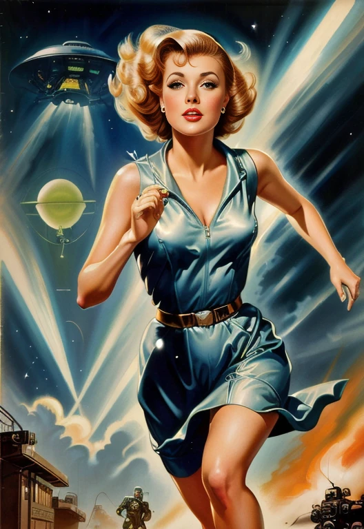 Image of a woman in her 30s running while being chased by a flying saucer, Retroscience - Fireart, vintage sci-fi poster, vintage sci-fi, Vintage Retro Sci-Fi, 5 0s Pulp SF Illustration, 1 9 5 0 s SF, Retro sci-fi movies, vintage sci-fi アート, 60's sci-fi pinup style, 60's sci-fi pinup