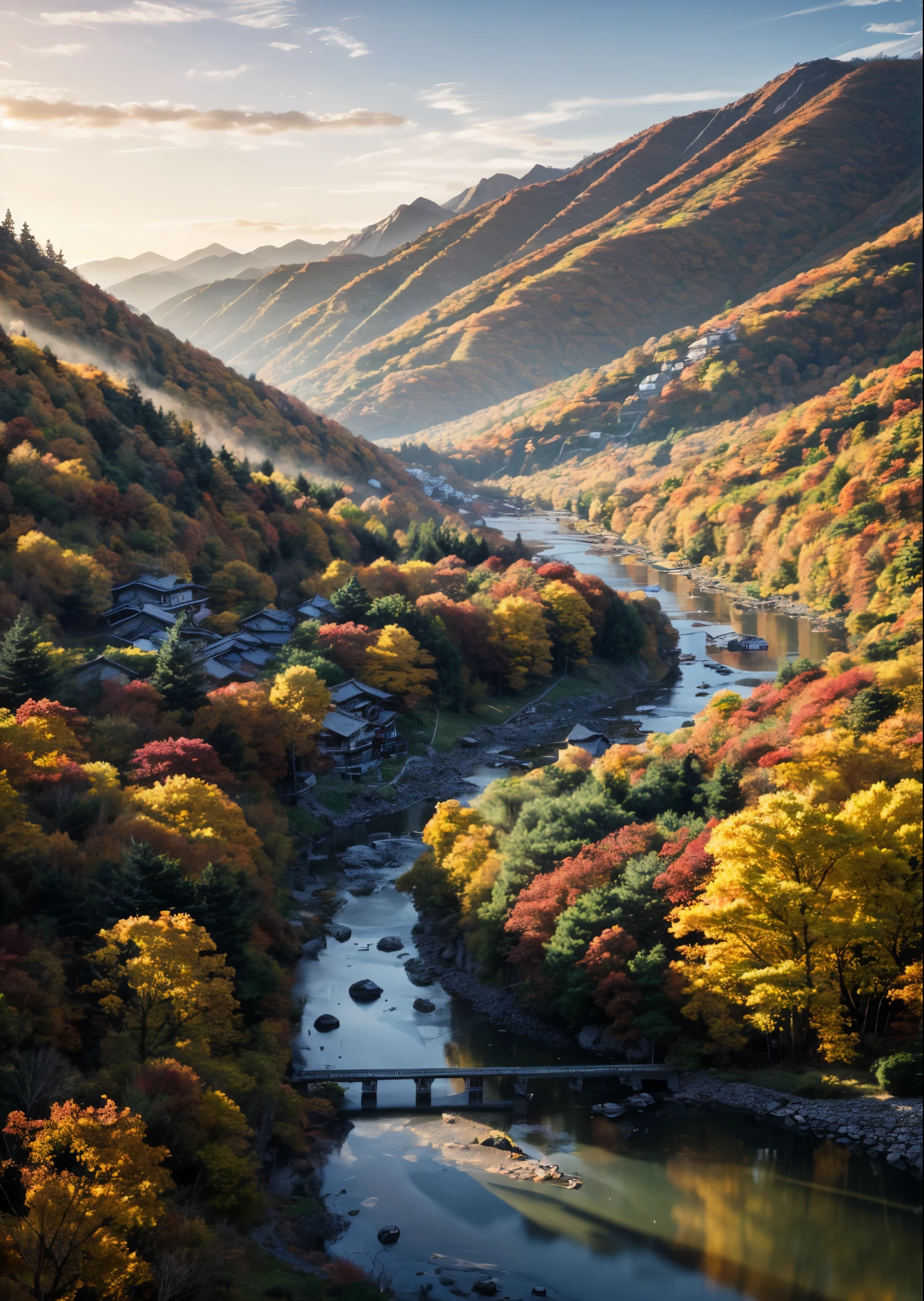 Mountain village view from the top of the valley、Several mountain huts at sunrise、Flow of the stream、You can see the autumn leaves、Perfect lighting、Sharp Focus、High definition、high resolution、High color rendering、High resolution、Ultra-realistic、photo realistic
