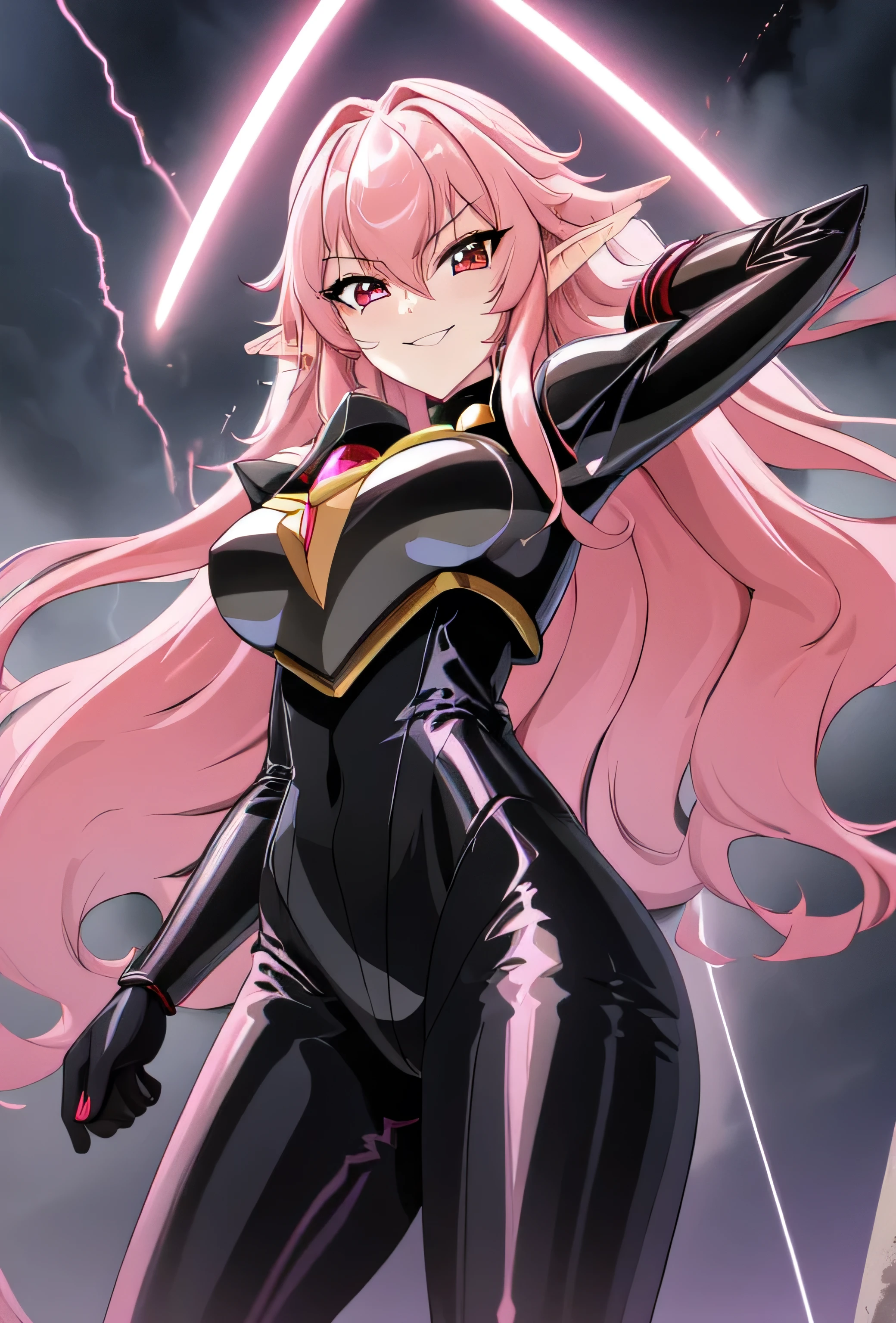 high quality, extremely detailed, perfect face, Nova, long pink hair, (black latex bodysuit), steel pauldrons, steel breastplate, long ears, evil smirk, evil laugh, medium breasts, (dark and stormy skies, lightning)(masterpiece:1.0),(Highest_quality:1.0), 超High resolution,4k,Super detailed, photo shoot, 8K, HDR, High resolution, disorganized:1.2, kodak portrait 400,raising a lightning,