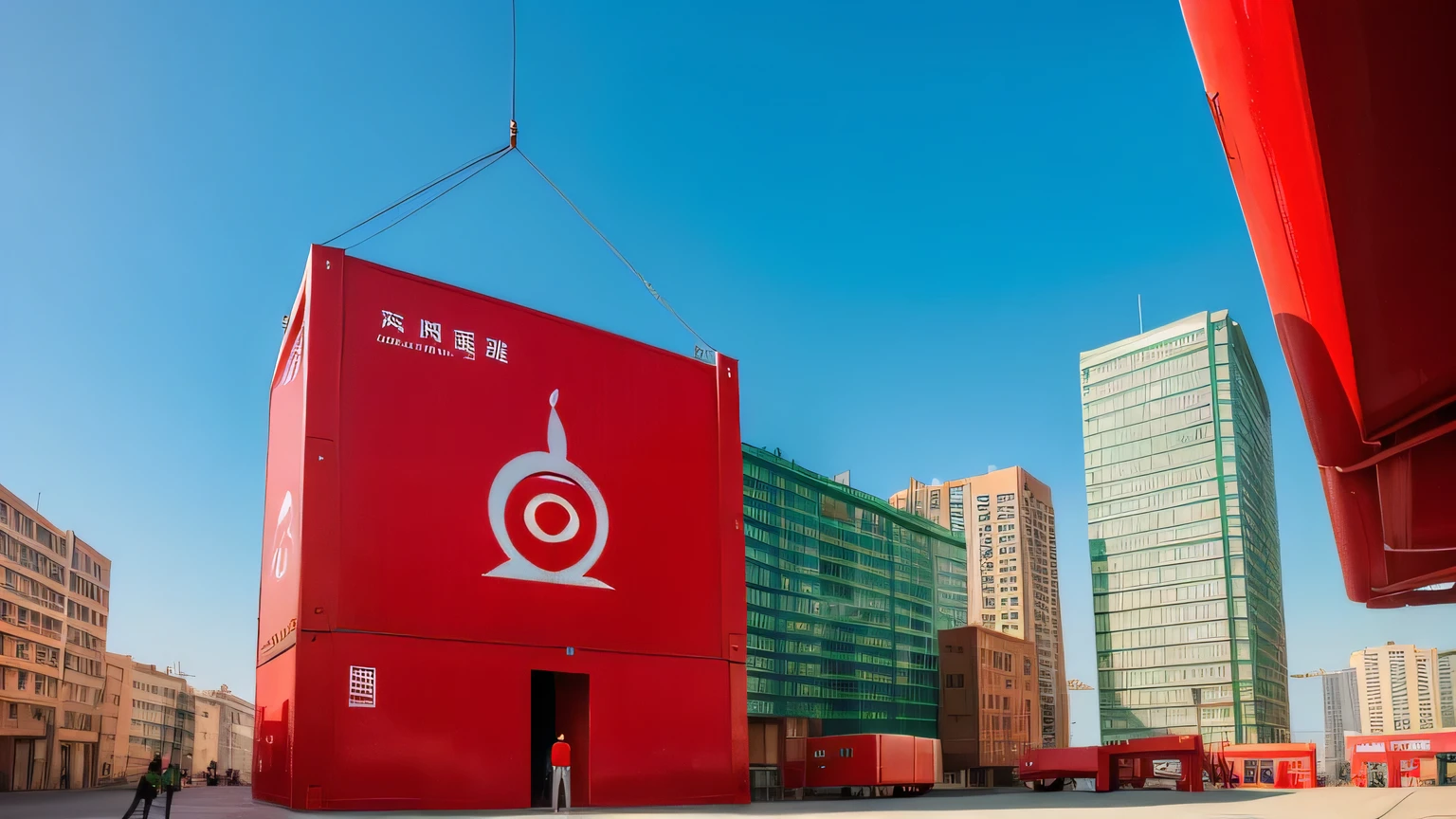 a big red crane lifting giant soda can from a giant red box in the middle of green city, striking architecture, red crane, blue skies, people looking at the big red box.