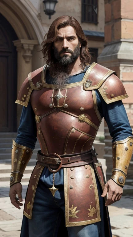 iconic character, MEDIEVAL, HOMEM DE 44 ANOS, BARBA E CABELOS MARRON, ARMADURA EM COURO E METAL, long sword in hand, SHIELD TO THE GROUND