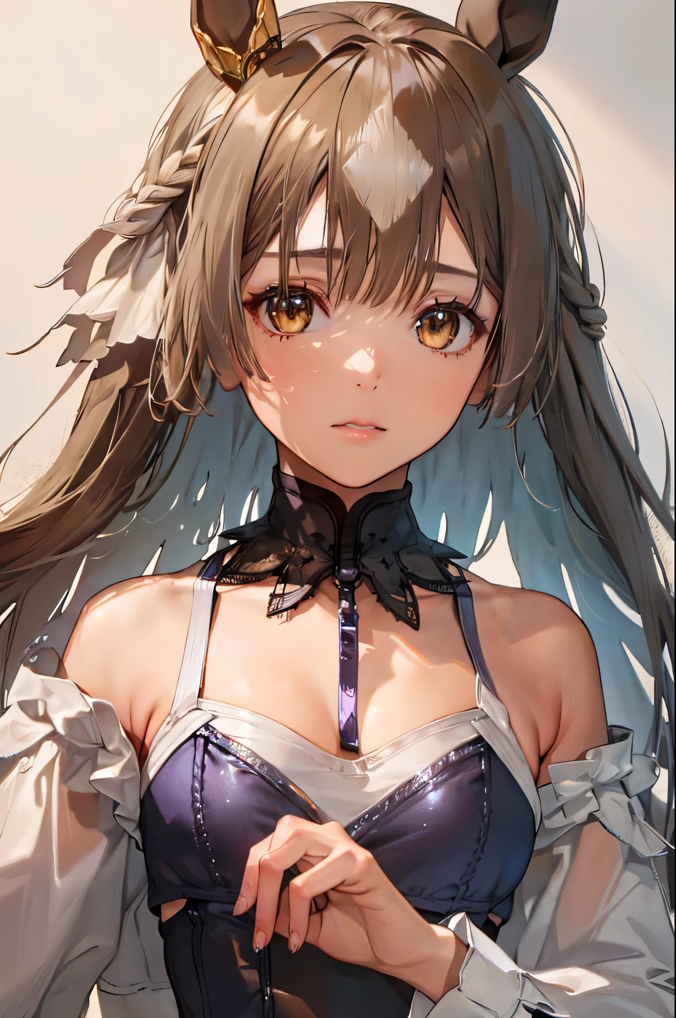 Pure white background,The whole body is visible,satono diamond,umamusume、wearing nothing,((Small Bust)),(highest quality、4k、8k、High Resolution、masterpiece:1.2)、Super detailed、(Photorealistic:1.37)、Portrait、Sharp Focus、feminine、delicate、White skin、Subtle curves、Gentle expression、Soft lighting、Bright colors、Artistic atmosphere