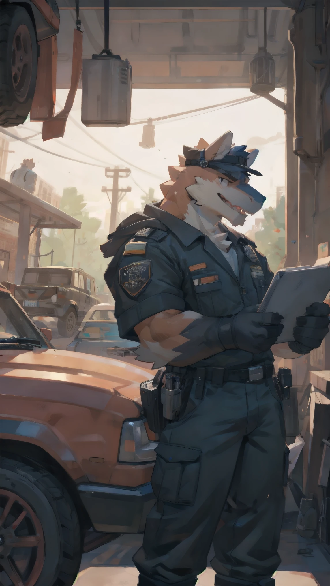 Solo, male,  fixing old car, by bigcozyorca, by goonie-san, by bebebebebe, by spikedmauler, facing viewer, red, black fur, tyrannosaurus, bushy tail, buff, mechanic's outfit, garage background, open mouth, detailed mouth, closed mouth grin, working on old car, 