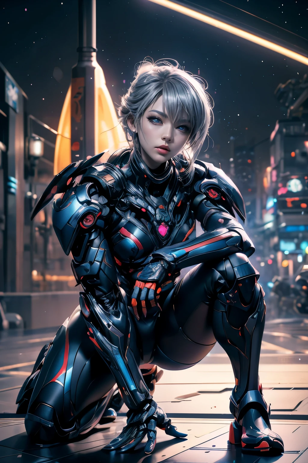 CG Mecha, Beautiful Eyes, Two people、Upper Body, （Mechanic）, action、Female、Portraiture,jet suit、Complex３ｄheadset、perfection、Neon Light, 8k, born, highest quality, Tabletop, 超A high resolution, colorful, (medium wide shot), (Dynamic Perspective), Sharp focus , (Depth of written boundary, Bokeh:1.3),rossdraws cartoon vibrant、Contemporary art, Highly detailed eyes and face,Ninja Artist, Beautiful fine details、iron, Trim Gear:1.2), ((Tabletop, highest quality)), Detailed Background, Inside the spaceship、Grab your weapon、（Gray Hair）、blue eyes、born物発光、Crescent Moon、Fantasy,masterpiece,Plug in、spectrum、confusion、kaleidoscope