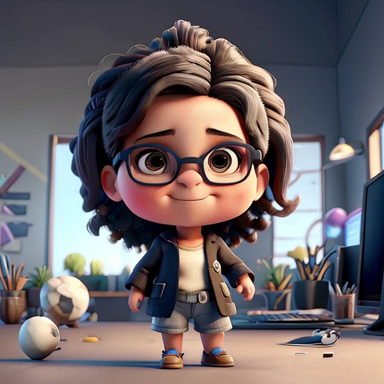 Uma digitadora na frente do computador, negra ,cabelo crespo, wearing glasses, with scissors in hand,in 3d drawing with scissors in hand de braços cruzados