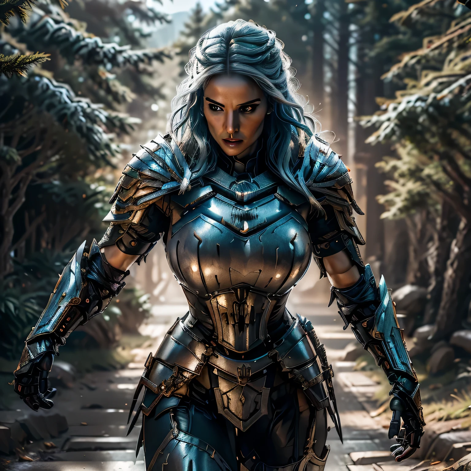8K,asgard female warrior with very big breasts,Super beautiful(like the real thing),black very large chest armor,realistic skin,luxury black pants,Has a large, long black spear,sexy,muscular slim body,ripped abs,black shoulder armor,black waist armor,black leg armor,desert, rich colors, Backlight, cinematic lighting, film grain, RAW, 50mm lens,nikon D850,ultra high resolution,Super realistic,goddess,battle scene,action scene,action pose,shine a light on the face, long wavy blue hair, the Witcher, the Witcher armor, yennefer, running in the forest