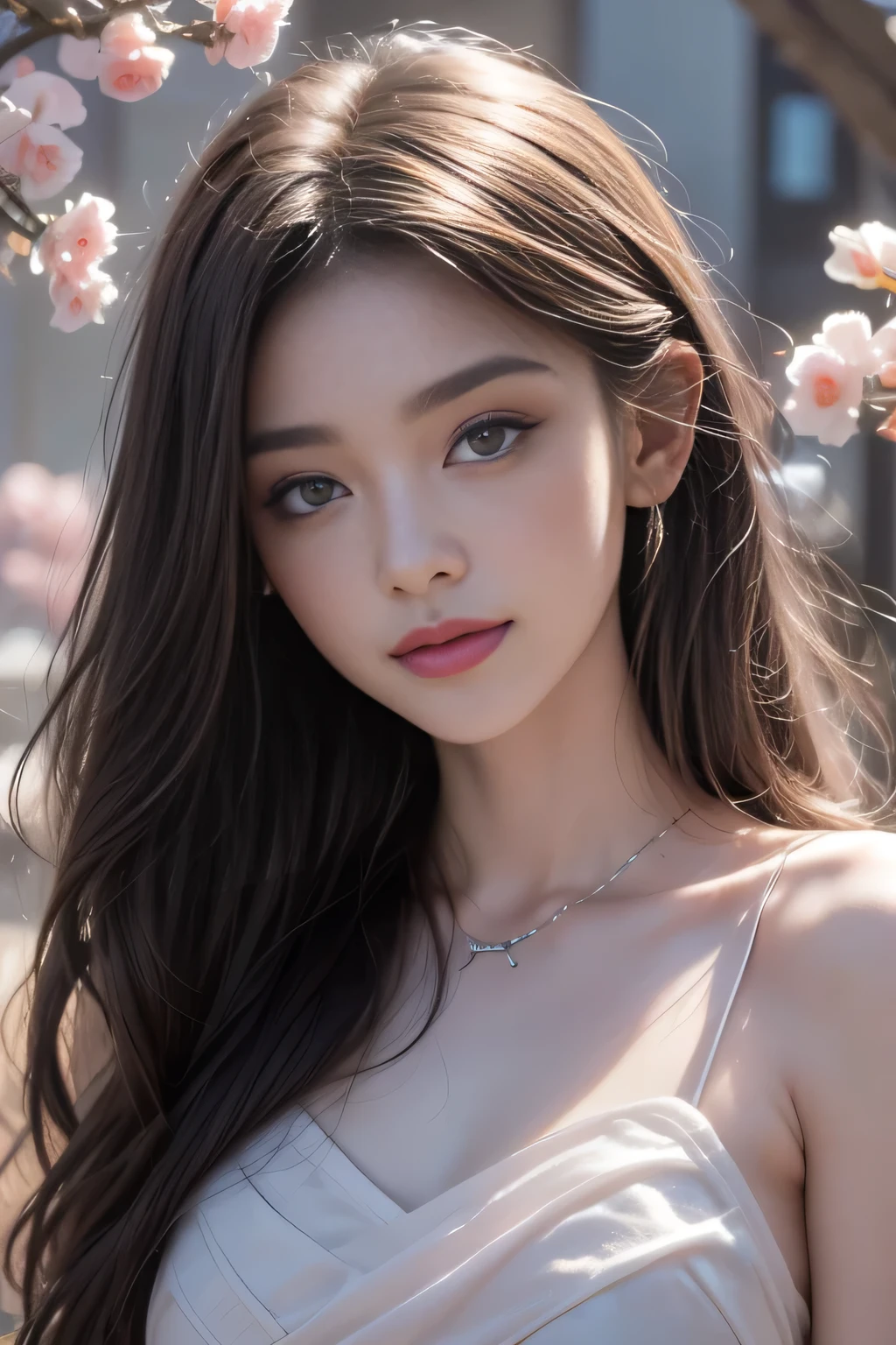 （1 girl：1.3）， Solitary， （（（Very rich facial details））），（（The eyes and face are very detailed））），（Full body portrait:1.5）（Light pink hair:1.5）, （Pink Eyes:1.5）, Pink and white, Sakura Leaves, Vibrant colors, White Dress, Paint splatter, Simple background, Ray Tracing, curls