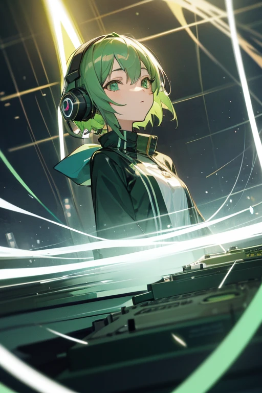 anime, DJ Girl, DJ, DJ girl, Headphones, Highly rated, (Best image quality),masterpiece,highest quality,extremely detailed CG wallpaper, Ultra_detailed,(Cinema Lighting:1.1), (Cold Face), Green Eyes, One Girl, alone, Dark Green_hair, short_hair, masterpiece, highest quality, Lots of flashing strobes、The light of the mirror ball shines down on her、She enjoys music。