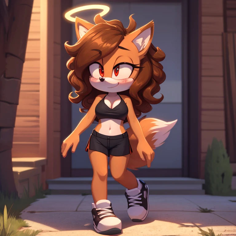 mobian, hedgehog, two-tone fur ((orange fur, brown fur)), pyjama elastic shorts, strapless crop top, cleavage, high-top sneakers, two-tone hair (brown hair, black tip)), curly hair, halo, sunglasses, jewelry, red eyes, longeyelashes, red eyes, smile, shy, blush, high detail, masterpiece, UHD, anatomically correct, super detail, highres, 4K