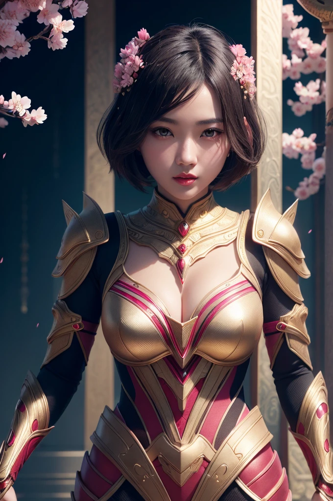 beautiful japanese young woman, wearing spiderwoman armor made of gold, thick symmetrical features, very short hair, background is cherry blossoms, pink aura, red lips, octane render,