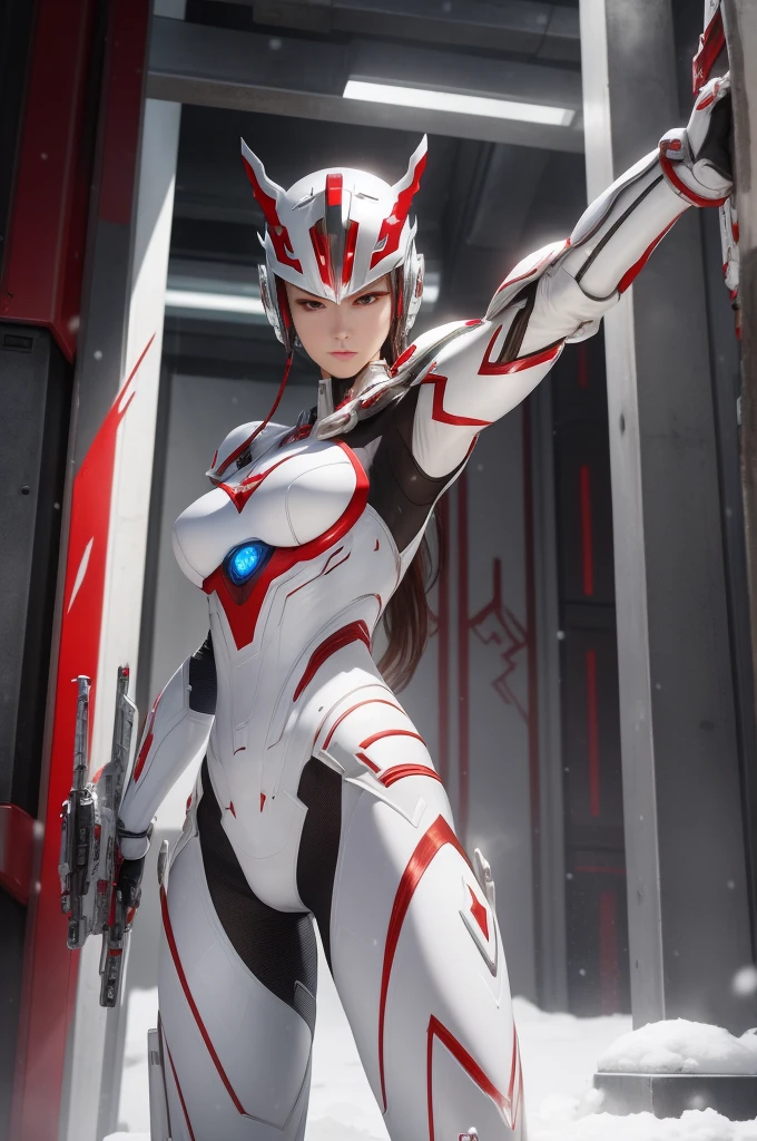 ​masterpiece、top-quality、hight resolution、cyberpunked、Real with creativity、White and red metal body、Slender woman、Beast Woman、Ultraman、snow-white body、(Stance:1.1)、Biomechanics、 Megacities of the future、Dramatic Lighting、Beam rifle in hand、