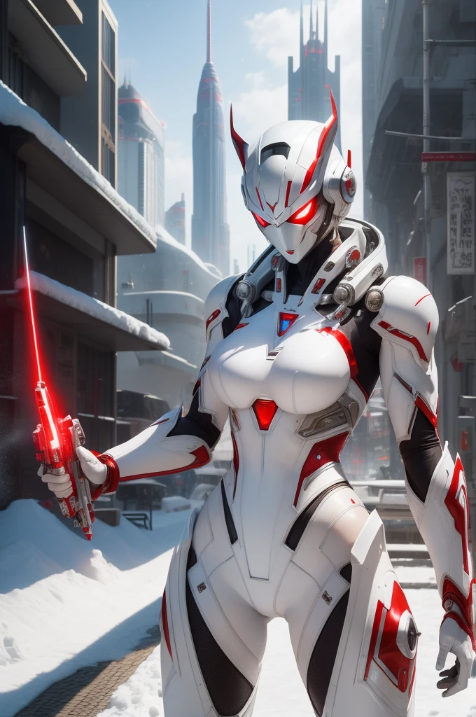masterpiece、top-quality、hight resolution、cyberpunked、Real with creativity、White and red metal body、Slender woman、Beast Woman、Ultraman、snow-white body、(Stance:1.1)、Biomechanics、 Megacities of the future、Dramatic Lighting、Beam rifle in hand、