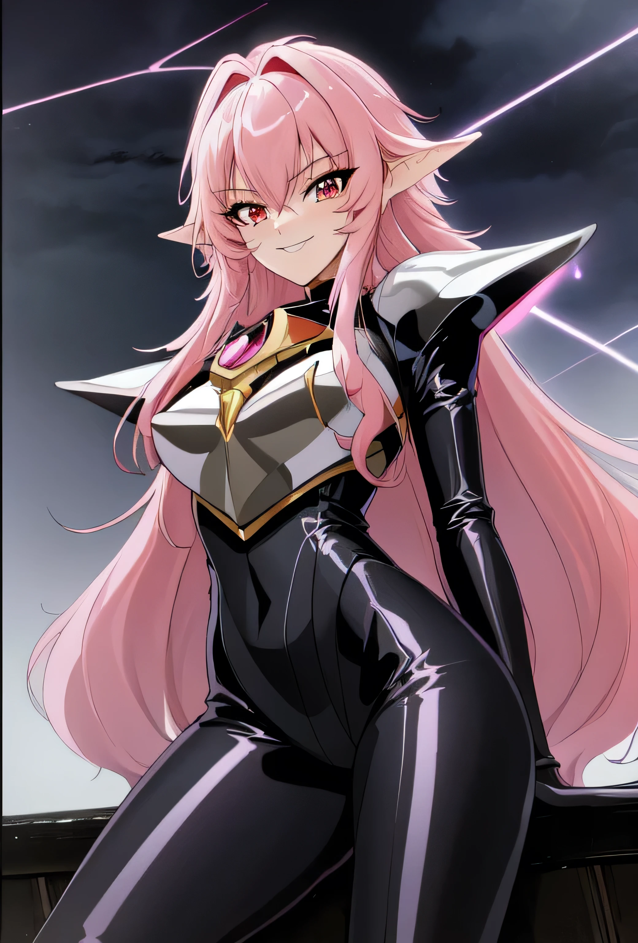 high quality, extremely detailed, perfect face, Nova, long pink hair, (black latex bodysuit), steel pauldrons, steel breastplate, long ears, evil smirk, evil laugh, medium breasts, (dark and stormy skies, lightning)(masterpiece:1.0),(Highest_quality:1.0), 超High resolution,4k,Super detailed, photo shoot, 8K, HDR, High resolution, disorganized:1.2, kodak portrait 400,raising a lightning,