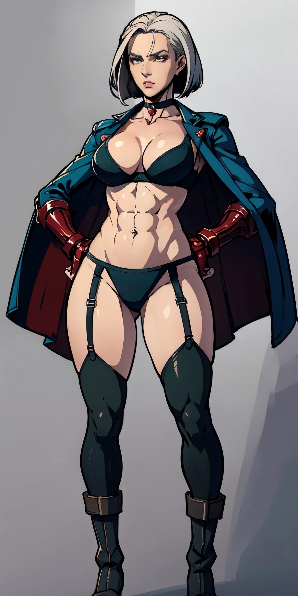 ((Plain background 1:2)) (Cammy White Street Fighter white silver short bob haircut) Female full body standing straight symmetrical looking to the viewer RED full body armored (handcuffs, shackles, rerebrace, faulds, poleyn, gauntlets, leather collar choker, gloves, gauntlets, high boots bootstraps, black stockings) 2 crossing big belt under belly button, navel, abs, garter straps belts attaching bra ((hands on hips)) view from below, wide hips - choppy bangs, arched crescent eyebrows, sharp and determined eyes, a delicate oval face, a serious expression, a fantasy-style dark green military coat, draped with a dark red cloak, leather combat boots, silver greaves leggings, this character embodies a finely crafted fantasy style female military officer in anime style, exquisite and mature manga art style, pale skin, big breast knockers cleavage,