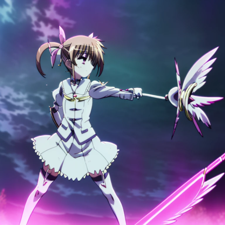 nanoha,smile,anime.wave hands,(((Have a magic cane))),Twin tails,Costumes,プリズマ☆イリヤ,Wings of light,garter belt,(((elementary school student))),Magical girl