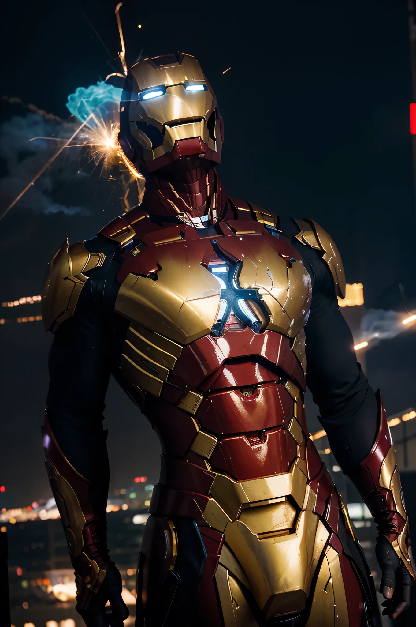 gloomy portrait of Gold Iron Man from Marvel, extremely detailed, futuristic cityscape, nighttime, glowing neon lights, smoke, sparks, metal shavings, flying debris, blue energy effects, volumetric light