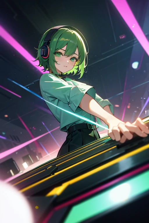 anime, DJ Girl, DJ, DJ girl, Headphones, Highly rated, (Best image quality),masterpiece,highest quality,extremely detailed CG wallpaper, Ultra_detailed,(Cinema Lighting:1.1), (Cold Face), Green Eyes, One Girl, alone, Dark Green_hair, short_hair, masterpiece, highest quality, Lots of flashing strobes、The light of the mirror ball shines down on her、She enjoys music。