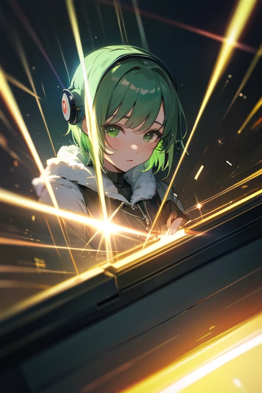 anime, DJ Girl, DJ, DJ girl, Headphones, Highly rated, (Best image quality),masterpiece,highest quality,extremely detailed CG wallpaper, Ultra_detailed,(Cinema Lighting:1.1), (Cold Face), Green Eyes, One Girl, alone, Dark Green_hair, short_hair, masterpiece, highest quality, Lots of flashing strobes、The light of the mirror ball shines down on her、She enjoys music。