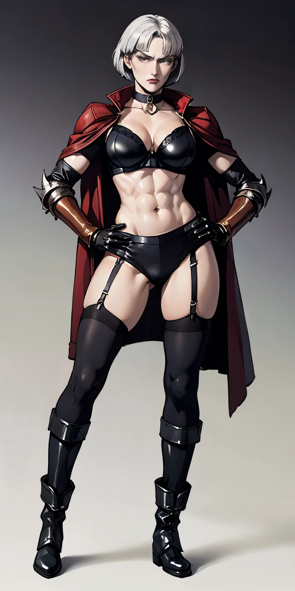 ((Plain background 1:2)) (Cammy White Street Fighter white silver short bob haircut) Female full body standing straight symmetrical looking to the viewer RED full body armored (handcuffs, shackles, rerebrace, faulds, poleyn, gauntlets, leather collar choker, gloves, gauntlets, high boots bootstraps, black stockings) 2 crossing big belt under belly button, navel, abs, garter straps belts attaching bra ((hands on hips)) view from below, wide hips - choppy bangs, arched crescent eyebrows, sharp and determined eyes, a delicate oval face, a serious expression, a fantasy-style dark green military coat, draped with a dark red cloak, leather combat boots, silver greaves leggings, this character embodies a finely crafted fantasy style female military officer in anime style, exquisite and mature manga art style, pale skin, big breast knockers cleavage,