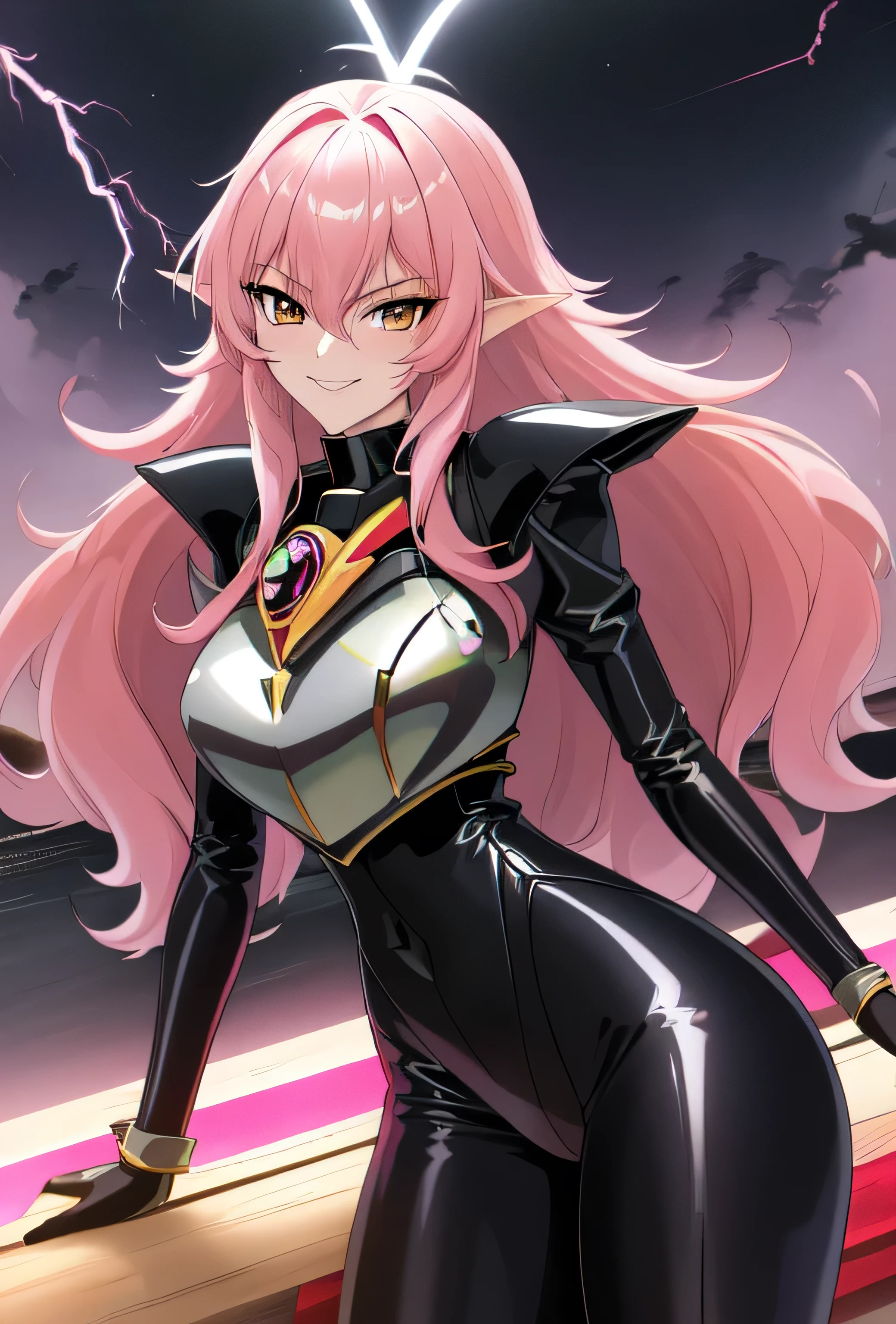 high quality, extremely detailed, perfect face, Nova, long pink hair, (black latex bodysuit), steel pauldrons, steel breastplate, long ears, evil smirk, evil laugh, medium breasts, (dark and stormy skies, lightning)(masterpiece:1.0),(Highest_quality:1.0), 超High resolution,4k,Super detailed, photo shoot, 8K, HDR, High resolution, disorganized:1.2, kodak portrait 400,raising a lightning,