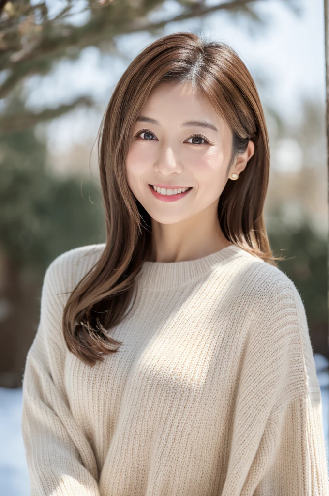 japanese woman, 40s, adult woman、background white, Simple background, white-brown hair, slender, 4K, 8K, high quality, Beauty products, beautiful eyes, simple, high resolution,1 person,beautiful skin,beautiful skin,wearing a white knit,winter,smile,