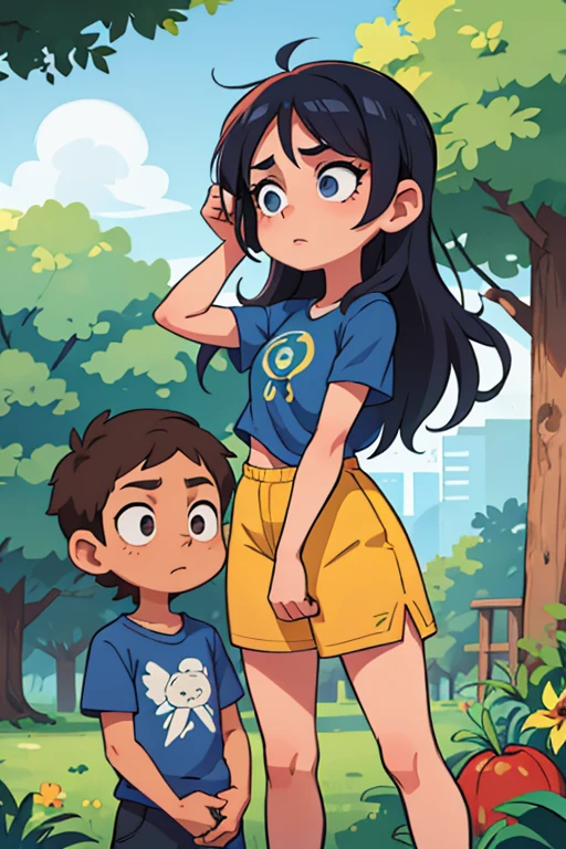chica, piel azul, By the chestnut, pelo largo, ojos grises, camiseta lila, She is in a park and she is confident and explaining something to a confused boy.