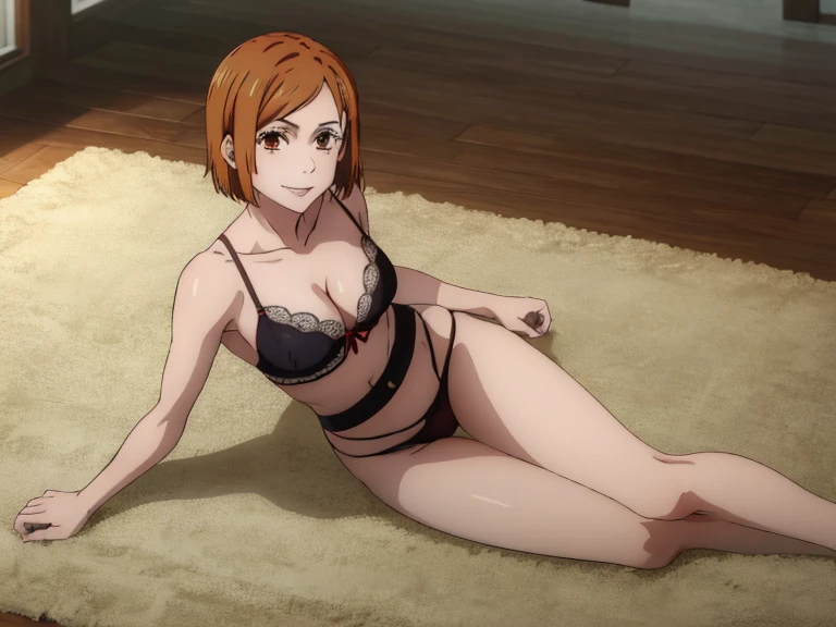 (masterpiece), (best quality), (ultra-detailed), (best illustration), (best shadow), (absurdres), nobarakugisakinova, short hair, orange hair, ((brown eyes)), kugisaki nobara, 1girl, solo, bangs, looking at viewer, full body, ((lingerie)), ((cleavage)), indoors, perfect body, ((perfect breasts)), Hourglass body, thin waist, very thin waist, medium breasts, sexy, (skinny), bare shoulders, bare collarbone, smile, (bare neck),