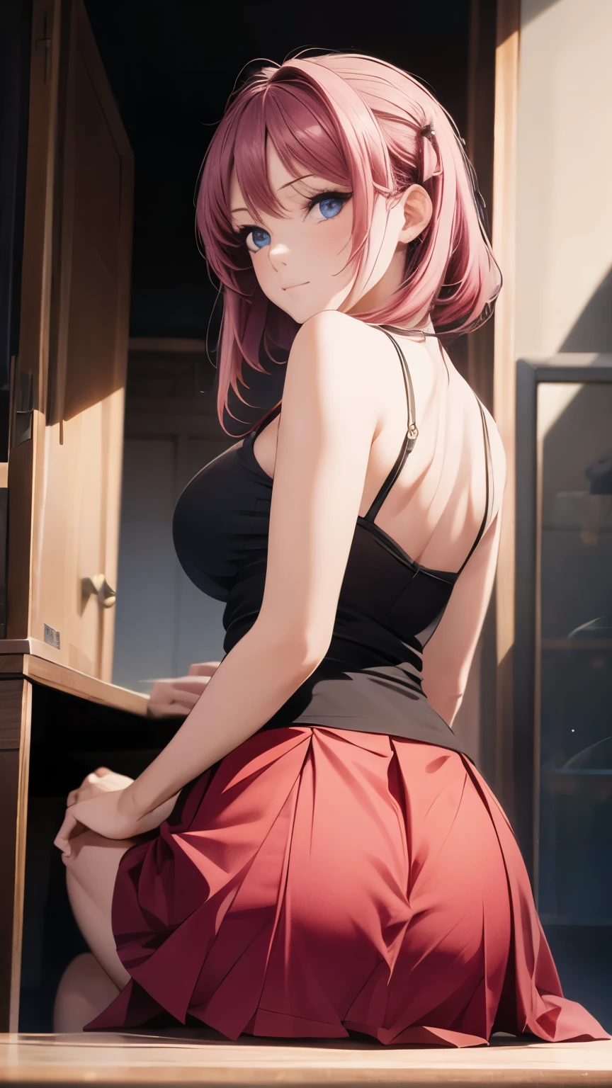High resolution, Super sharp, 8k, masterpiece, View your viewers, Photograph from behind, Tight Dress, Thick Ass, Wear something nice, Pink Hair, Captivating smile, Beautiful Face, Sitting, Minimalist coloring、Micro Mini Skirt