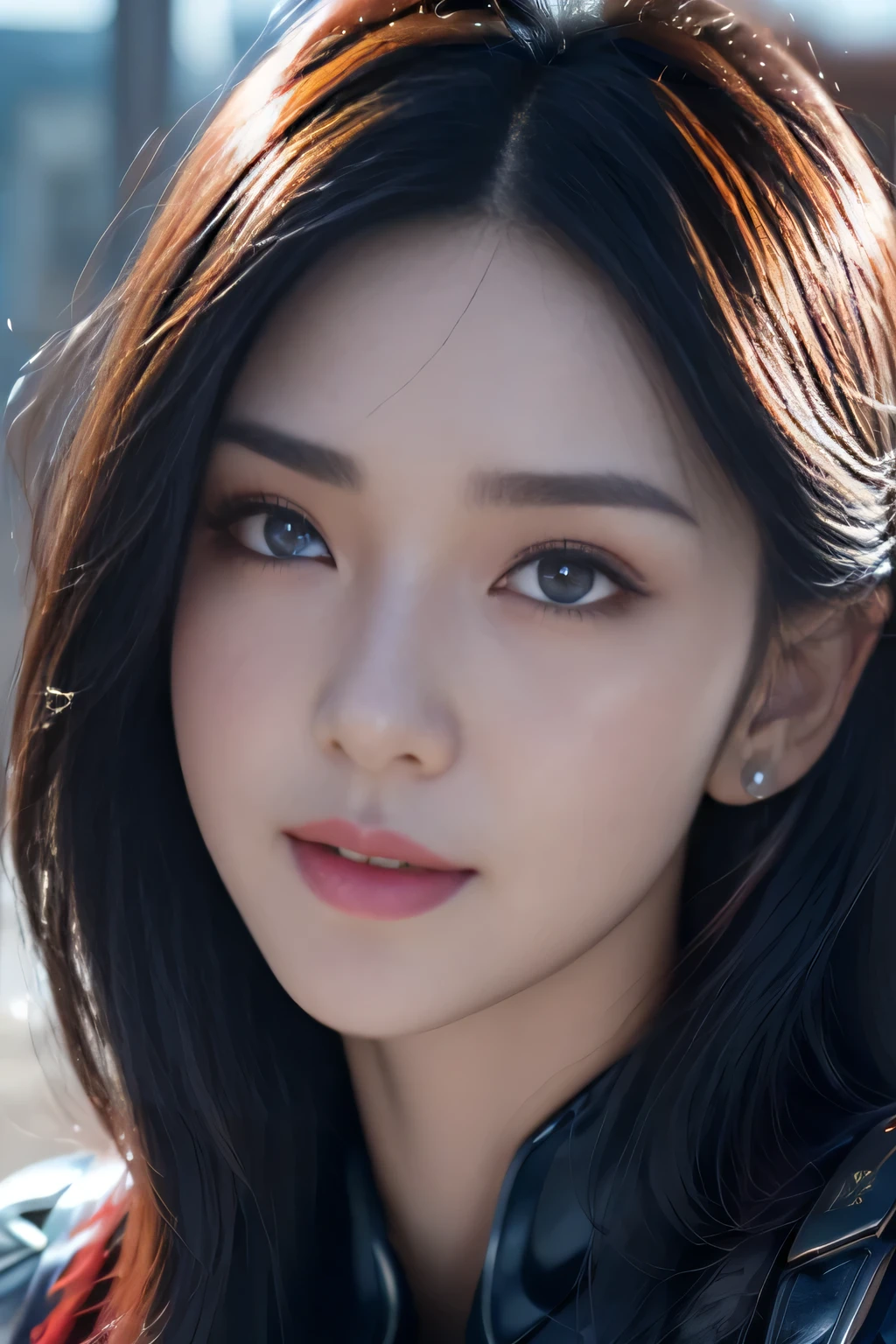 black hair, hair bobbles, wince, longeyelashes, solid circle eyes, light smile, ear blush, fang, Surrealism, drop shadow, anaglyph, stereogram, tachi-e, pov, atmospheric perspective, 8k, super detail, ccurate, best quality，1 Girl, masterpiece, best quality, 8k, Delicate skin texture, Detailed fabric texture, Beautiful and delicate face, Intricate details, Super detailed, Black Widow imitating Captain America, red straight hair, Dynamic poses