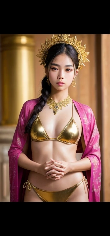 Detailed face of a 15 year old Thai girl with expressive brown eyes and full lips, she'straight, Dark brown hair that flows down to the shoulders.. she is adorned with gold jewels, Comes with a beautiful gold headband, sheの外見に王室の優雅さを加える. A girl stands in front of a grand Hindu temple in Thailand, Wearing gold patterned clothing, A see-through micro bikini that accentuates her large breasts, Ample breasts, sheの若さ々Emphasizing new charm and vitality. goddess, sheの大きな, Rich curves and a captivating presence, she is performing a graceful dance in front of the statue...,