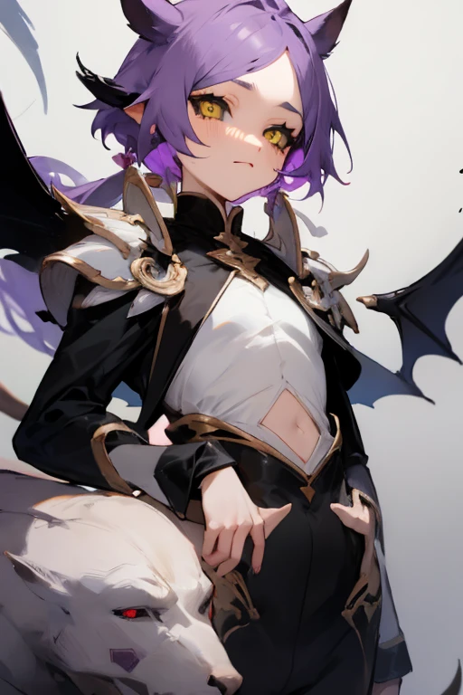 Male demon  Centaur、Black long sleeved outfit、stomach、Mauve Skin、Purple hair、Yellow Eyes、Black conjunctiva、Delicate face、Large image close to the face