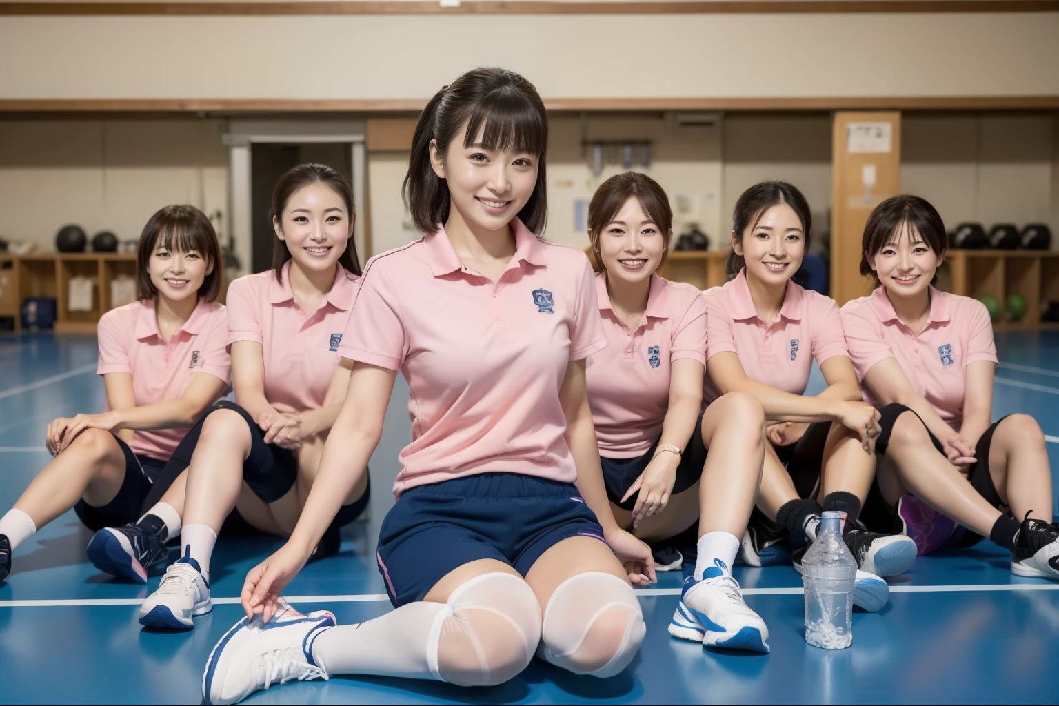 ((highest quality, 8k, Representative works in detail, Ultra-high resolution)), (Group photo of Japanese women), Only Japanese、(Looking at the audience), (Mid Shot:), Ｖlize、Attractive Japanese volleyball players、Beautiful Japanese Pure Japanese Women Only , Long legs、tall、A little chubby:0.25, Pink Volleyball Uniform、Short sleeve shirt,Shorts、Knee support、Sports boots、sitting on the gym floor)), Japanese、smile,Sweating、