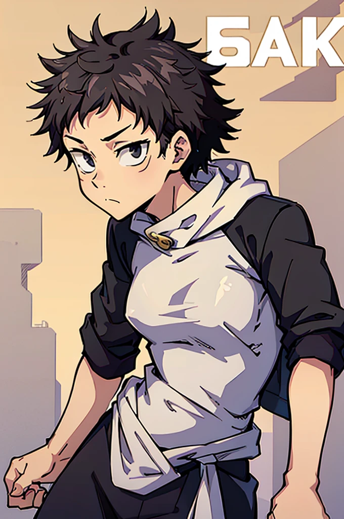 (8k resolution, best quality, masterpiece, minimalist, simplistic detail, anime) solo: 2, comic cover, epic battle fantasy, short hair, messy hair, black hair, itadori, itadori_yuuji, obese, shirt, jacket tied on waist, male, male focus