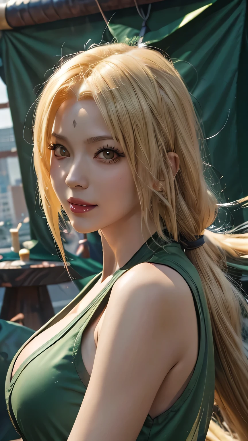 a close up of a person with long hair and a green tank top, tsunade senju, tsunade senju from anime naruto, as an anime character, perfect anime face, she has yellow hair with bangs, female anime character, anime character, anime best girl, hime cut hairstyle, yellow hair, (red glossy lips:1.3), yellow eyes, big breasts, smile, city background, (beautiful face:1.3)