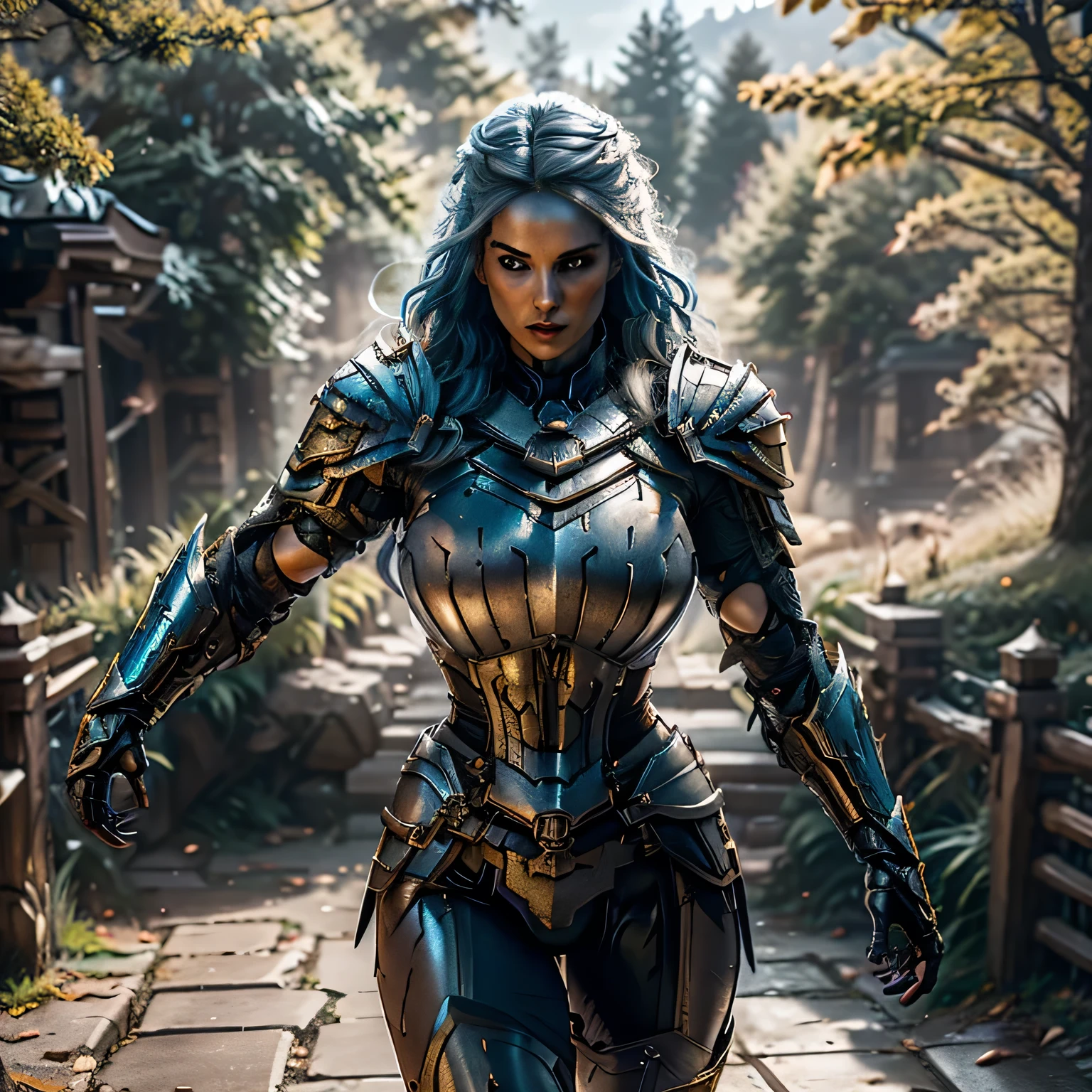 8K,asgard female warrior with very big breasts,Super beautiful(like the real thing),black very large chest armor,realistic skin,luxury black pants,Has a large, long black spear,sexy,muscular slim body,ripped abs,black shoulder armor,black waist armor,black leg armor,desert, rich colors, Backlight, cinematic lighting, film grain, RAW, 50mm lens,nikon D850,ultra high resolution,Super realistic,goddess,battle scene,action scene,action pose,shine a light on the face, long wavy blue hair, the Witcher, the Witcher armor, yennefer, running in the forest