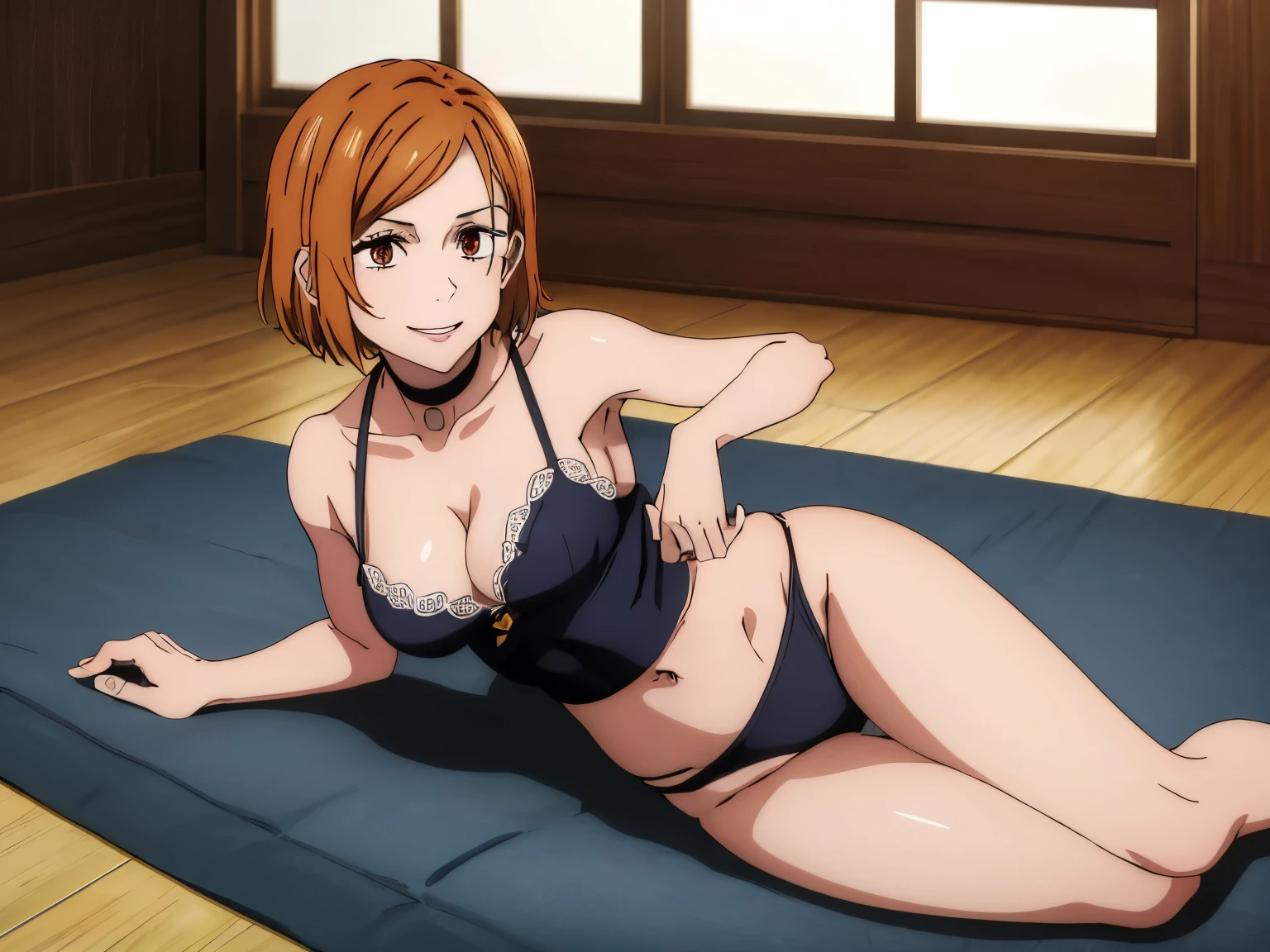 (masterpiece), (best quality), (ultra-detailed), (best illustration), (best shadow), (absurdres), nobarakugisakinova, short hair, orange hair, ((brown eyes)), kugisaki nobara, 1girl, solo, bangs, looking at viewer, full body, ((lingerie)), ((cleavage)), indoors, perfect body, ((perfect breasts)), Hourglass body, thin waist, very thin waist, medium breasts, sexy, (skinny), bare shoulders, bare collarbone, smile, (bare neck),