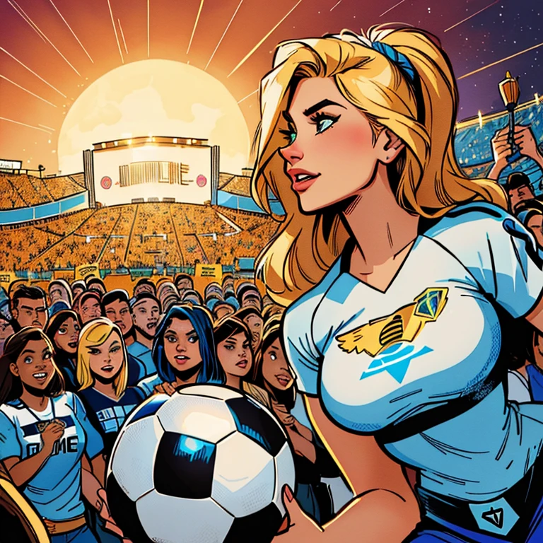 4k, comic babes, illustration of a woman holding a soccer ball in front of a crowd, inspired Director: Tim Doyle, Director: Tim Doyle, godesses, official fan art, at the World Cup, by Bencho Obreshkov, just a joke , in digital illustration style, epic color illustration, color digital illustration, art of alessandro pautasso, Fantastic art