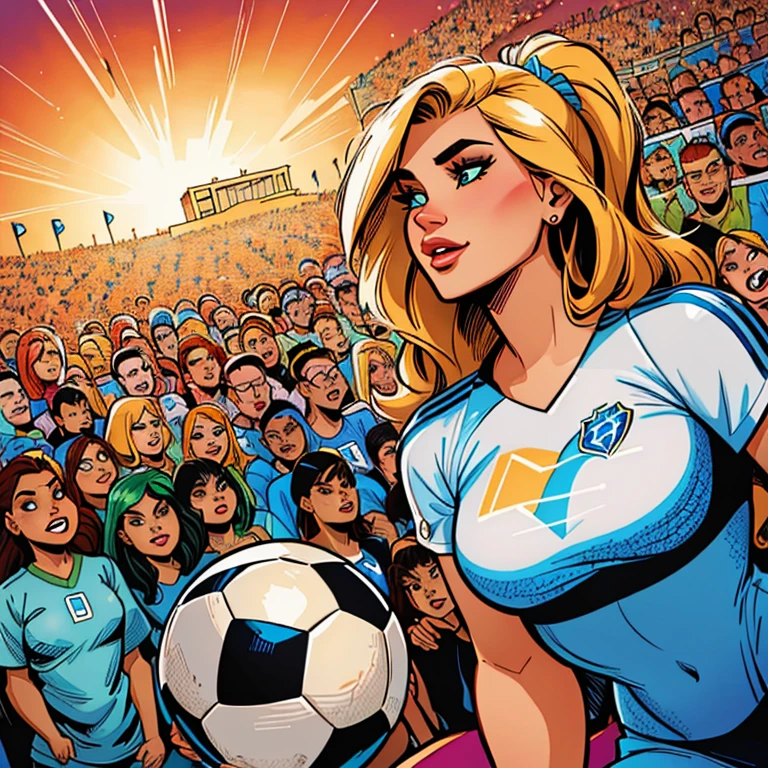 4k, comic babes, illustration of a woman holding a soccer ball in front of a crowd, inspired Director: Tim Doyle, Director: Tim Doyle, godesses, official fan art, at the World Cup, by Bencho Obreshkov, just a joke , in digital illustration style, epic color illustration, color digital illustration, art of alessandro pautasso, Fantastic art