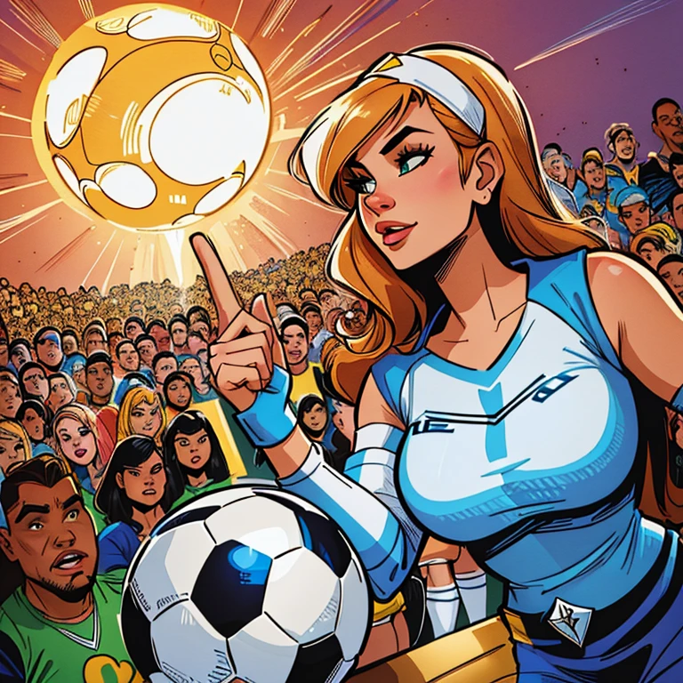 4k, comic babes, illustration of a woman holding a soccer ball in front of a crowd, inspired Director: Tim Doyle, Director: Tim Doyle, godesses, official fan art, at the World Cup, by Bencho Obreshkov, just a joke , in digital illustration style, epic color illustration, color digital illustration, art of alessandro pautasso, Fantastic art