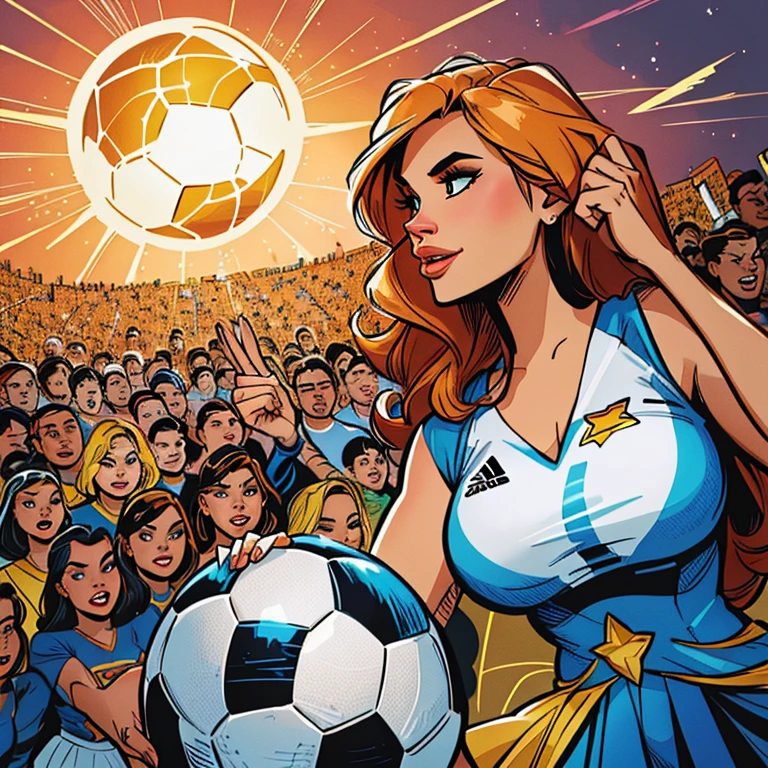 4k, comic babes, illustration of a woman holding a soccer ball in front of a crowd, inspired Director: Tim Doyle, Director: Tim Doyle, godesses, official fan art, at the World Cup, by Bencho Obreshkov, just a joke , in digital illustration style, epic color illustration, color digital illustration, art of alessandro pautasso, Fantastic art
