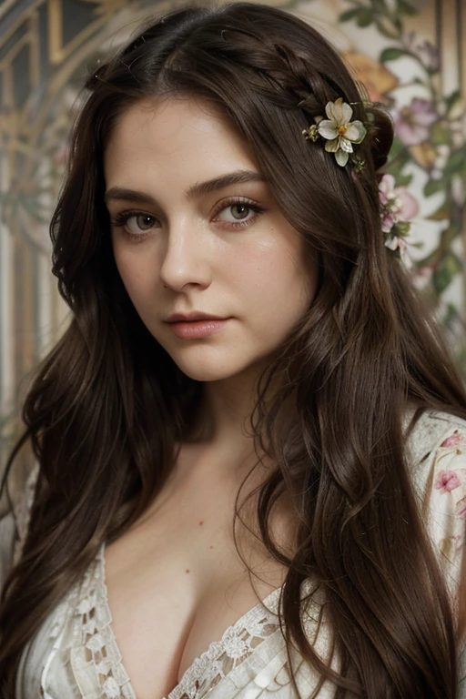 ((masterpiece)), (Best quality at best), (Cinematic), Art Nouveau watercolor painting , large eyes, Long, thick lashes, Chopping, 's plump lips, dark hazel eyes, Long wavy hair is thick, dark hair, high ponytails, fittings, floralackground with, Intricate designs and patterns in the style of Alphonse Mucha.