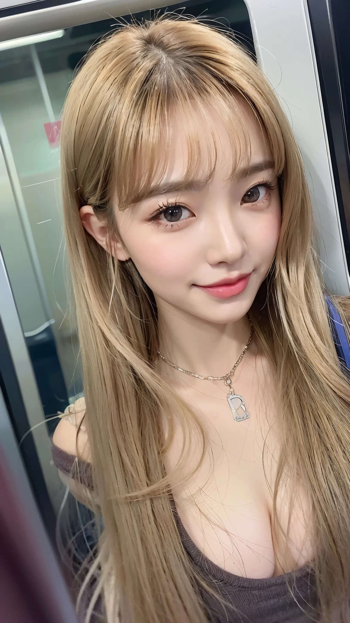 (highest quality、8k、32k、masterpiece、Hmph:1.2)、Cute Japanese Women Photos、Soft looking breasts、No bra、Ample breasts、((Shortcuts))、Face Focus、White T-shirt、necklace、A single carnation、From above、Looking at the audience、smile、I'm showing my teeth and smiling,Dynamic Shadows、blonde、Wet shiny hair、Shine, Watery eye、((In a crowded train)),