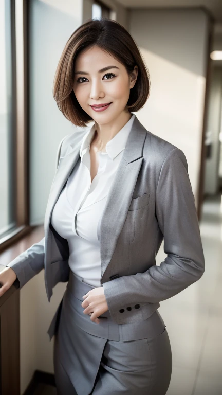 (highest quality,8k,masterpiece),
日本人Mature Woman,40 years,Mature Woman,Pure white skin, ((Full body photography:0.85))、
Full breasts:1.3、 ((White collared blouse))、((Grey tailored jacket))、Grey tight skirt、Brown short bob、
,A gentle smile、A gaze that seduces viewers、Shopping Centre、