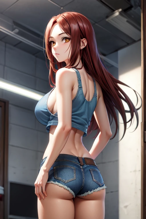 (masterpiece:1.5),(best quality:1.5),(high resolution:1.5),(8k:1,5),(perfect face:1.5),(beautiful detailed eyes:1.5),(Cowboy Shot:1.???????tremely detailed face:1.5),(perfect lighting:1.??????tremely detailed CG:1.5), (perfect hands:1.5),(perfect ???????:1.5),,(perfect body:1.5),(perfect hands:1.5),(perfect fingers:1.5),(full body:1.3),,(1woman:1.3),(megami magazine:1.3),pale skin,(fighter:1.5),Naegleria nebilosus, (Brown eyes:1.5), (dark red  long hair:1.5),(?????????????:1.4),(large ???:1.5),(white Tank top:1.3),(very shorts blue chuck denim:1.5),(open denim chuck:1.5),break indoors,(looking at viewer:1.3),(Turn your body to the front:1.3),????,(tank top ????? ???????:1.2),