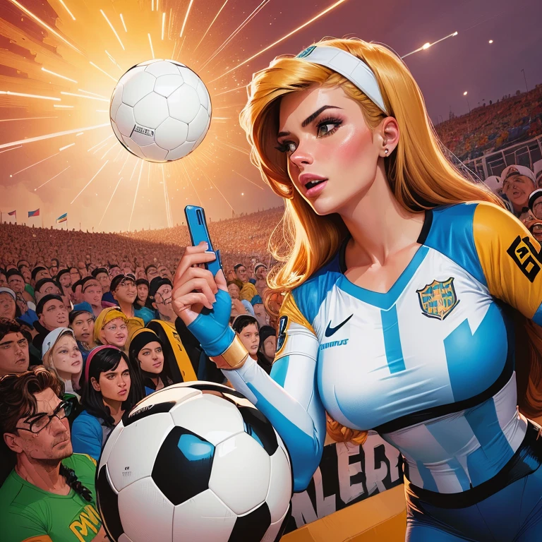4k, comic babes, illustration of a woman holding a soccer ball in front of a crowd, inspired Director: Tim Doyle, Director: Tim Doyle, godesses, official fan art, at the World Cup, by Bencho Obreshkov, just a joke , in digital illustration style, epic color illustration, color digital illustration, art of alessandro pautasso, Fantastic art